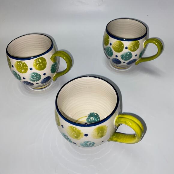 3 Anthropologie Bubble Shaped Kantha Spongeware Dots & Stripes Coffee Tea Mug - Picture 4 of 8